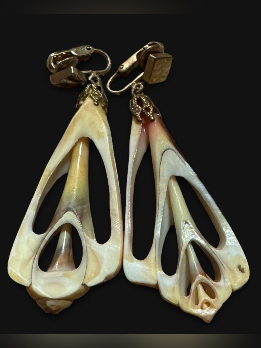 Hand-Carved Shell Drop Earrings in Cream and Brown